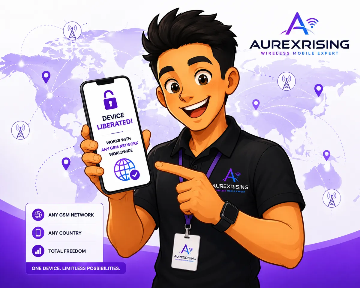 Aurexrising wireless expert holding an unlocked phone that works with any GSM network worldwide